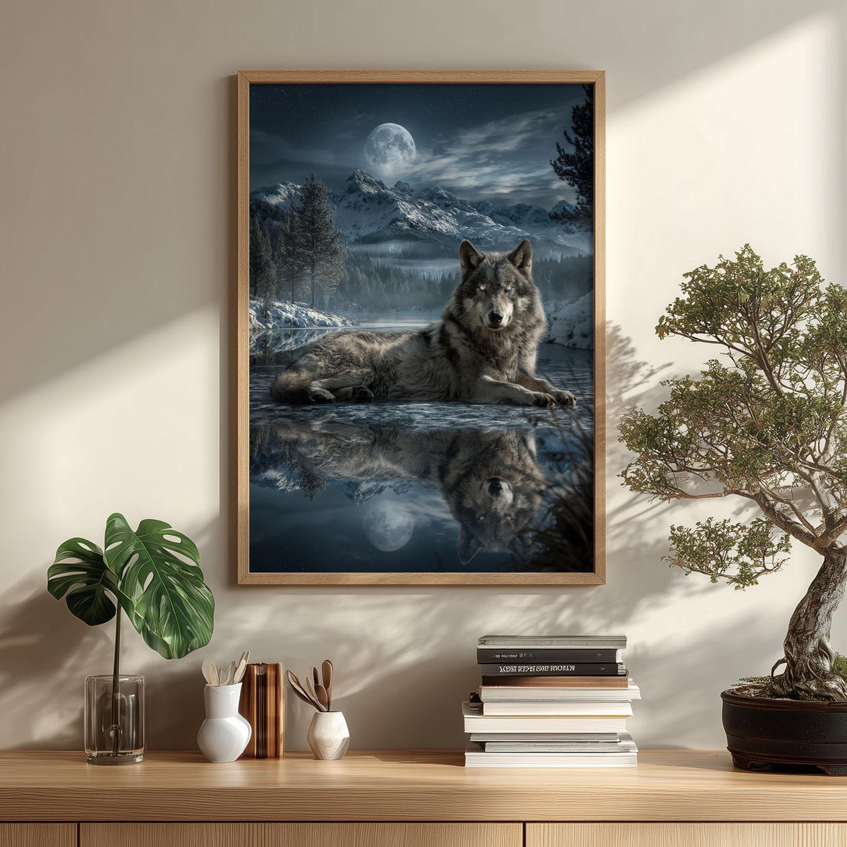 Moonlit Wolf Poster Print, Snowy Mountain Wall Art, Grey Wolf Picture, Wildlife Cabin Decor