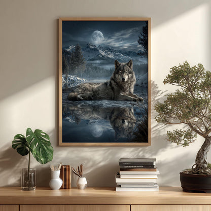 Moonlit Wolf Poster Print, Snowy Mountain Wall Art, Grey Wolf Picture, Wildlife Cabin Decor