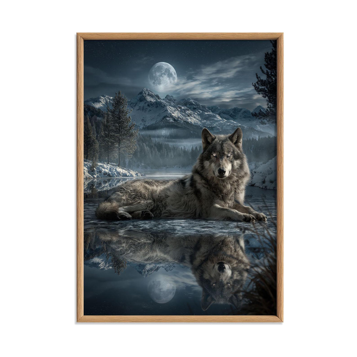 Moonlit Wolf Poster Print, Snowy Mountain Wall Art, Grey Wolf Picture, Wildlife Cabin Decor