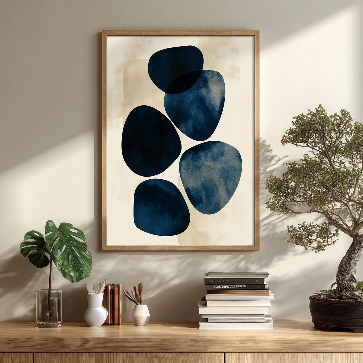 Navy Geometric Poster Print, Abstract Blue Wall Art, Minimalist Shape Picture, Neutral Home Decor