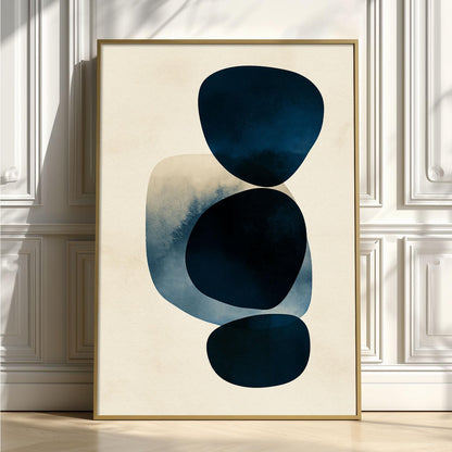 Modern Abstract Poster Print, Navy Blue Wall Art, Minimalist Shape Picture, Geometric Living Room Decor