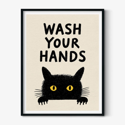Wash Your Hands Poster – Black Cat Bathroom Print, Funny Toilet Wall Art