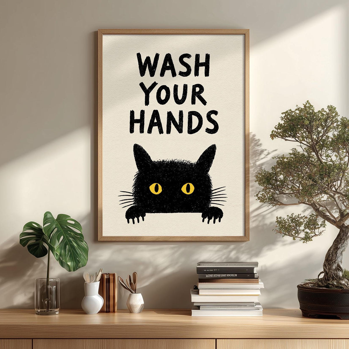 Wash Your Hands Poster – Black Cat Bathroom Print, Funny Toilet Wall Art