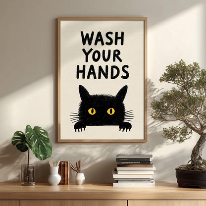Wash Your Hands Poster – Black Cat Bathroom Print, Funny Toilet Wall Art
