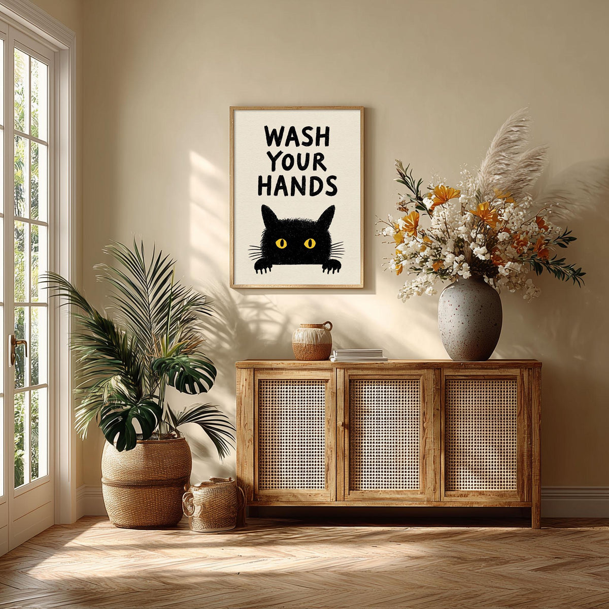 Wash Your Hands Poster – Black Cat Bathroom Print, Funny Toilet Wall Art