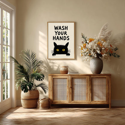 Wash Your Hands Poster – Black Cat Bathroom Print, Funny Toilet Wall Art