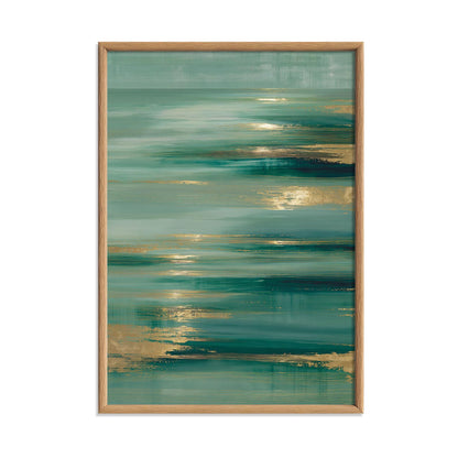 Teal Abstract Wall Art, Coastal Ocean Print, Gold Accents, Modern Decor