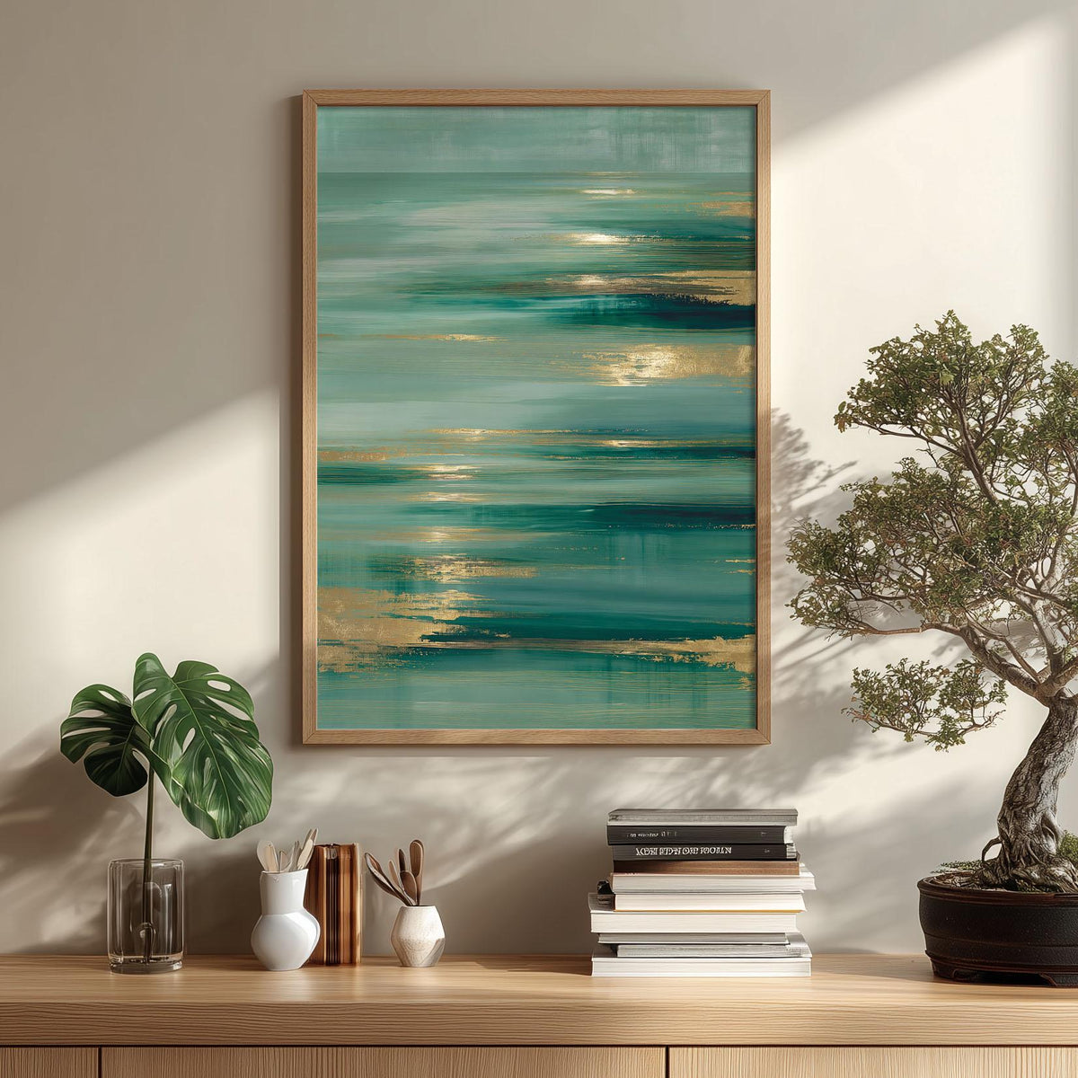Teal Abstract Wall Art, Coastal Ocean Print, Gold Accents, Modern Decor