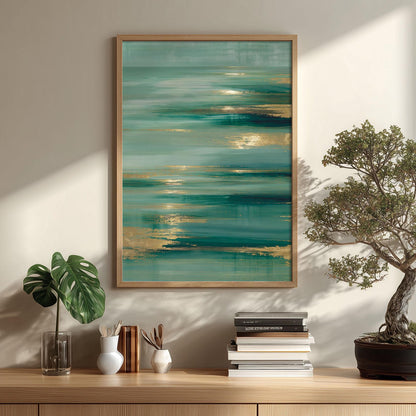 Teal Abstract Wall Art, Coastal Ocean Print, Gold Accents, Modern Decor