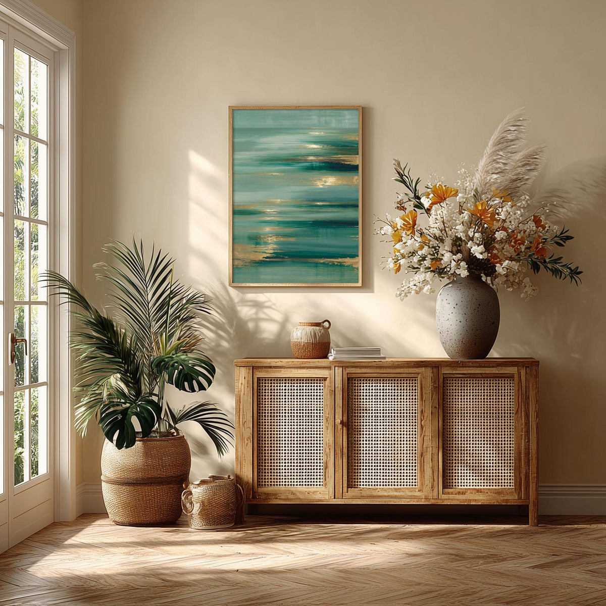 Teal Abstract Wall Art, Coastal Ocean Print, Gold Accents, Modern Decor