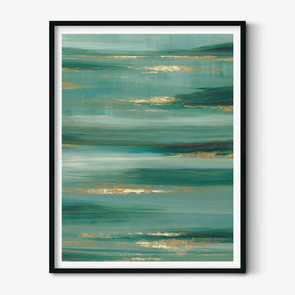 Teal Abstract Ocean Horizon Print, Gold Coastal Wall Art, Living Room Decor