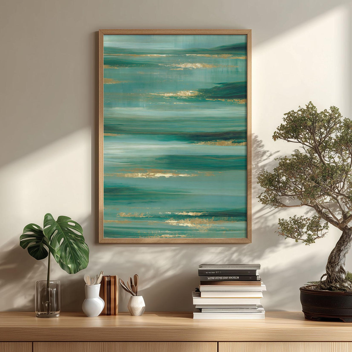 Teal Abstract Ocean Horizon Print, Gold Coastal Wall Art, Living Room Decor
