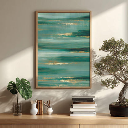 Teal Abstract Ocean Horizon Print, Gold Coastal Wall Art, Living Room Decor