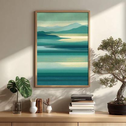 Mountain Lake Poster Print, Teal Landscape Wall Art, Minimalist Water Picture, Lake House Decor