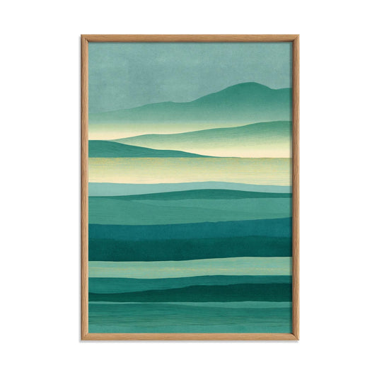 Teal Mountain Landscape Print, Abstract Green Lake Wall Art, Calm Nature Decor
