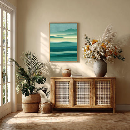 Teal Mountain Landscape Print, Abstract Green Lake Wall Art, Calm Nature Decor