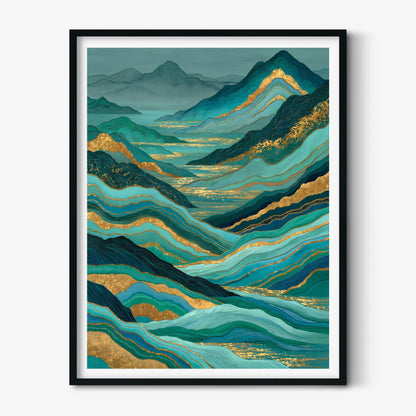 Teal Gold Abstract Mountain Wall Art, Landscape Poster Print, Green Lake Decor