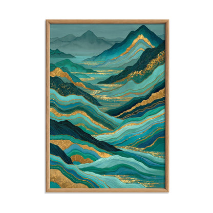Teal Gold Abstract Mountain Wall Art, Landscape Poster Print, Green Lake Decor