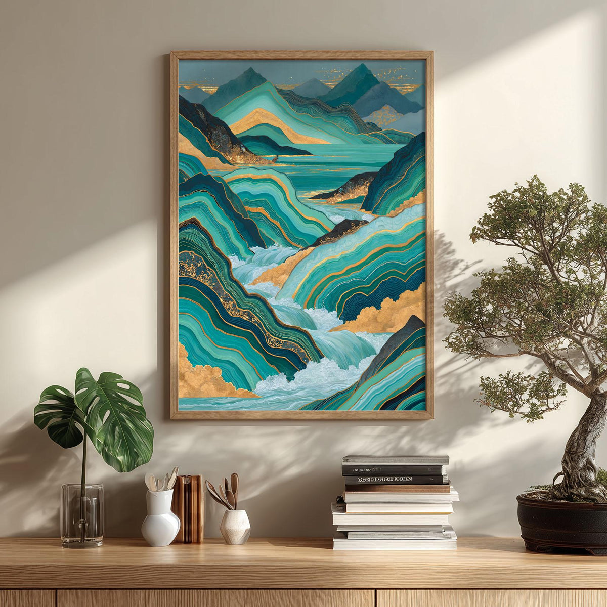 Gold Teal Landscape Poster Print, Abstract Mountain Wall Art, Lake Picture, Living Room Decor