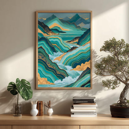Gold Teal Landscape Poster Print, Abstract Mountain Wall Art, Lake Picture, Living Room Decor