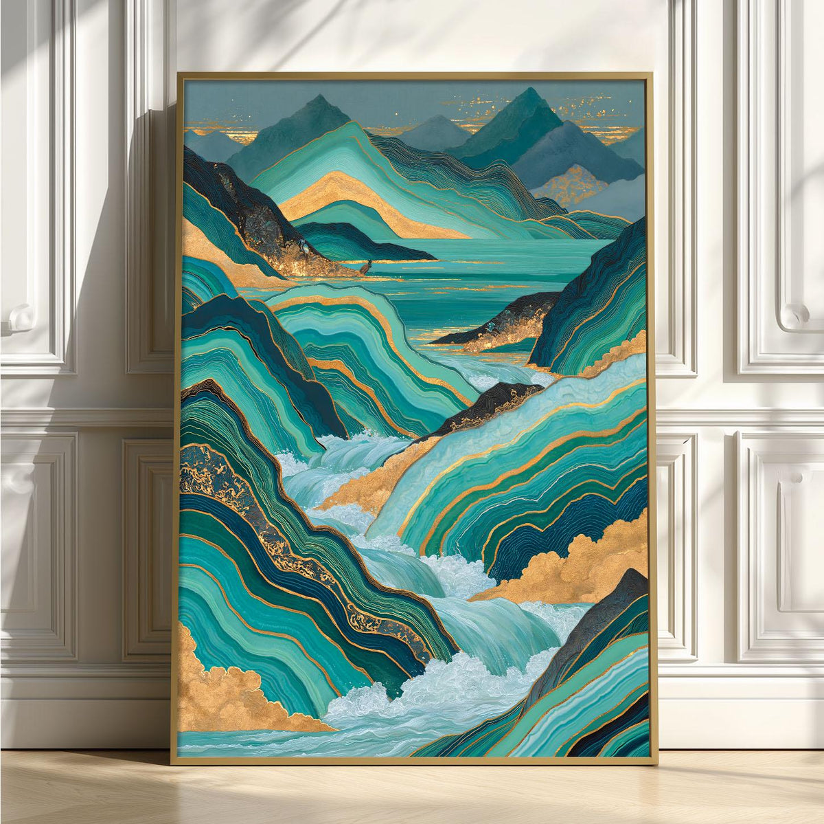 Gold Teal Landscape Poster Print, Abstract Mountain Wall Art, Lake Picture, Living Room Decor