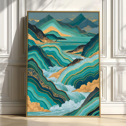 Gold Teal Landscape Poster Print, Abstract Mountain Wall Art, Lake Picture, Living Room Decor