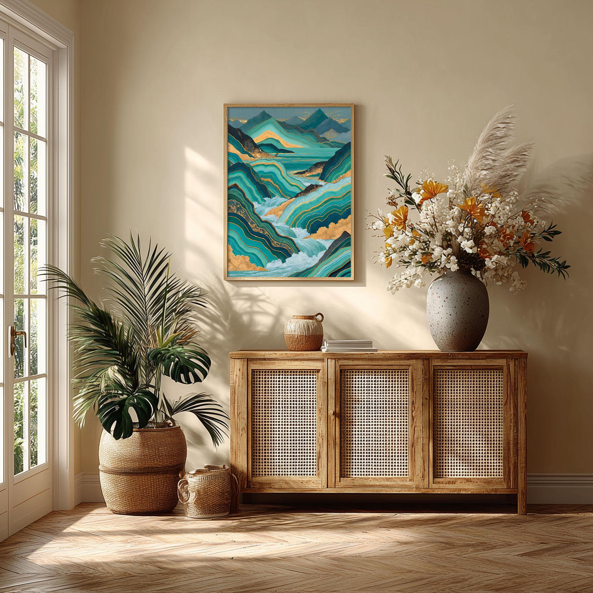 Gold Teal Landscape Poster Print, Abstract Mountain Wall Art, Lake Picture, Living Room Decor