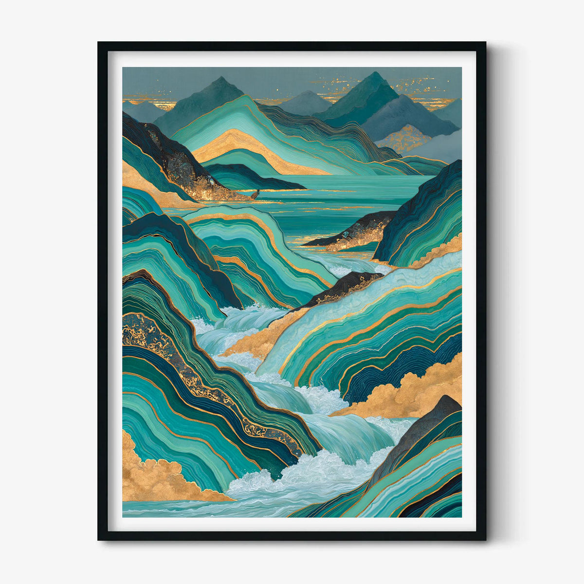 Gold Teal Landscape Poster Print, Abstract Mountain Wall Art, Lake Picture, Living Room Decor