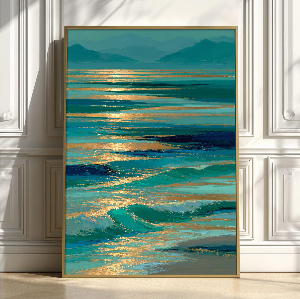 Coastal Seascape Wall Art, Teal Ocean Poster Print, Gold Sunset Picture, Beach House Decor
