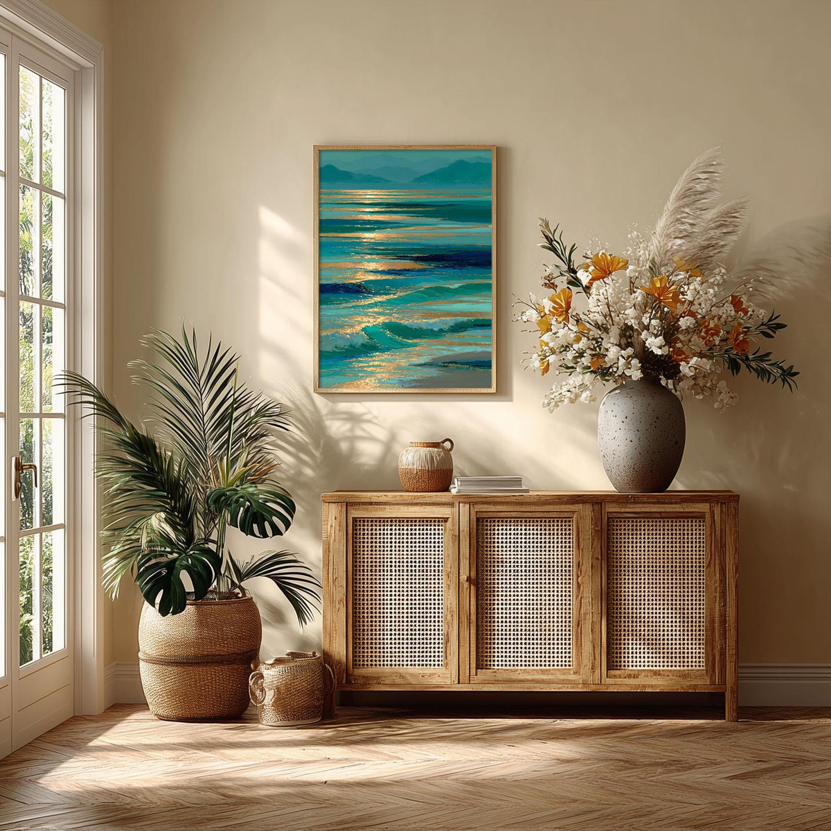 Coastal Seascape Wall Art, Teal Ocean Poster Print, Gold Sunset Picture, Beach House Decor