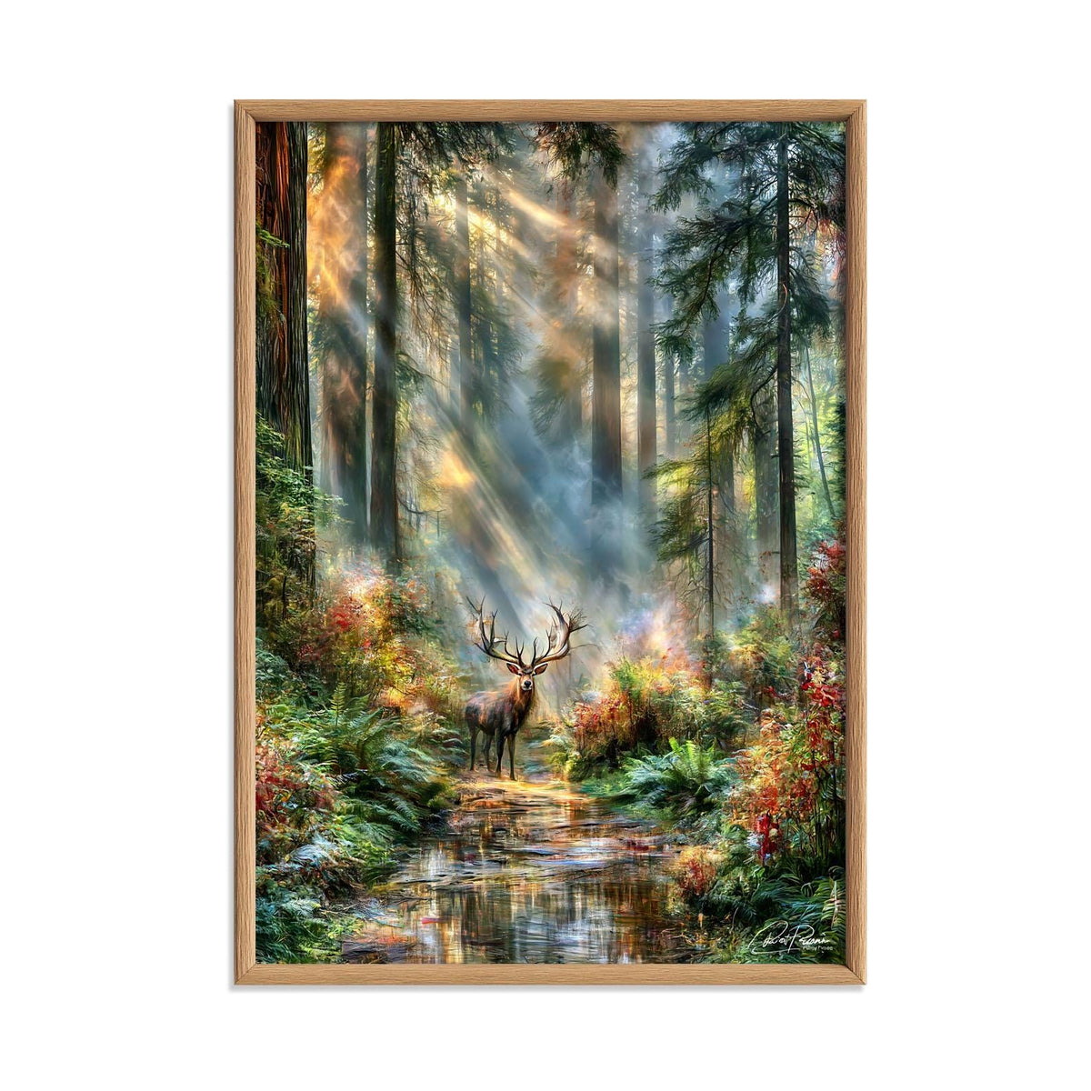 Majestic Stag Woodland Poster, Sunlight Forest Wall Art, Nature Scene Print