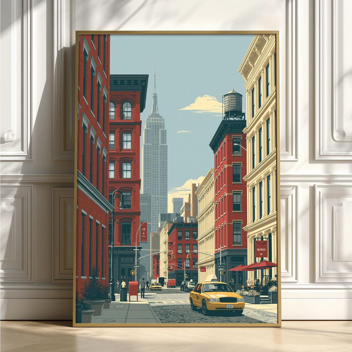 New York Street Poster Print, NYC Wall Art, Yellow Taxi Picture, Empire State Building Decor
