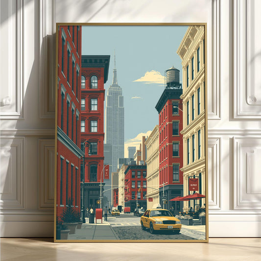 New York Street Poster Print, NYC Wall Art, Yellow Taxi Picture, Empire State Building Decor
