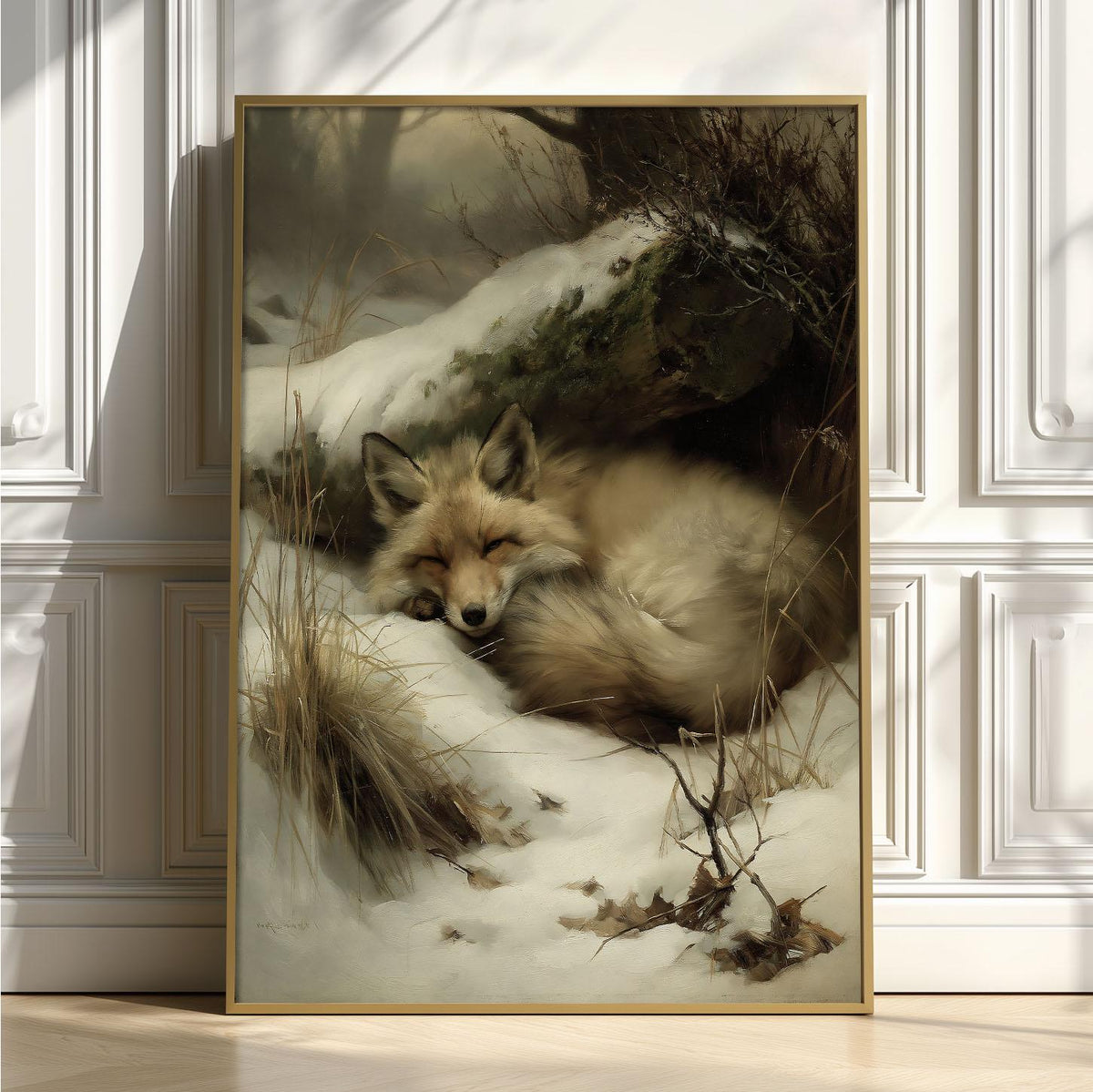 Sleeping Fox Poster Print, Winter Wildlife Wall Art, Snowy Woodland Picture, Cabin Decor