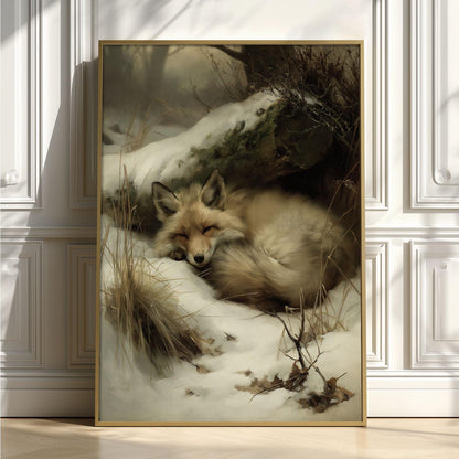 Sleeping Fox Poster Print, Winter Wildlife Wall Art, Snowy Woodland Picture, Cabin Decor