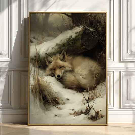 Sleeping Fox Poster Print, Winter Wildlife Wall Art, Snowy Woodland Picture, Cabin Decor