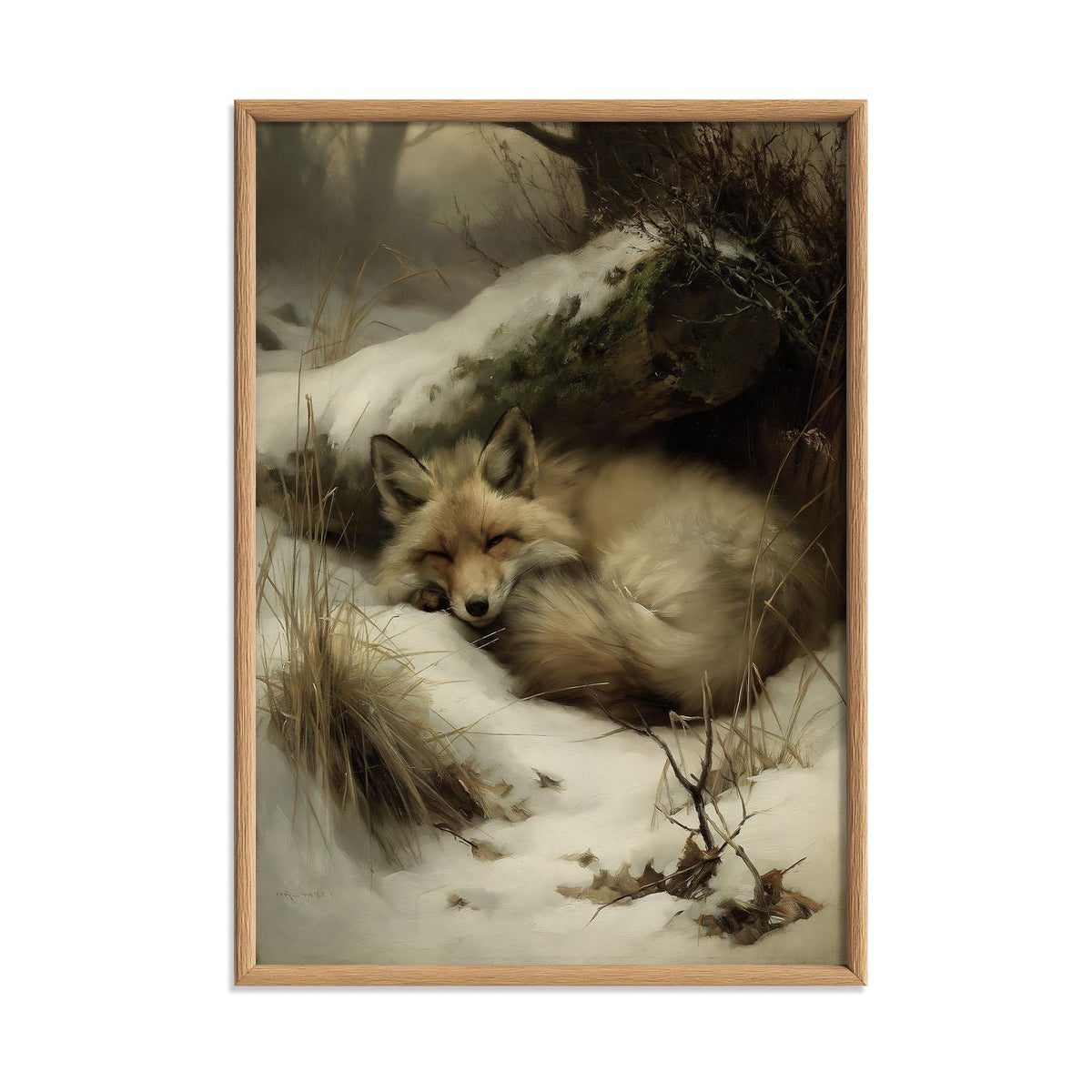 Sleeping Fox Poster Print, Winter Wildlife Wall Art, Snowy Woodland Picture, Cabin Decor