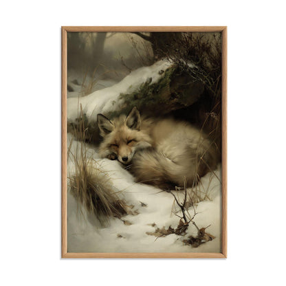 Sleeping Fox Poster Print, Winter Wildlife Wall Art, Snowy Woodland Picture, Cabin Decor