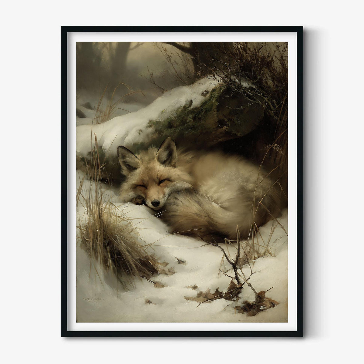 Sleeping Fox Poster Print, Winter Wildlife Wall Art, Snowy Woodland Picture, Cabin Decor