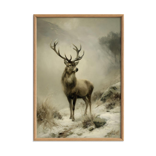 Snowy Deer Poster Print, Stag Wall Art, Winter Mountain Picture, Rustic Cabin Decor
