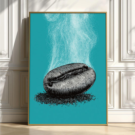 Vintage Coffee Bean Poster, Teal Kitchen Wall Art, Barista Cafe Decor