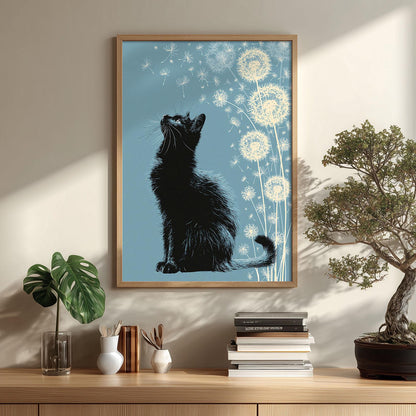 Black Cat Dandelion Print, Whimsical Feline Wall Art, Blue Floral Decor