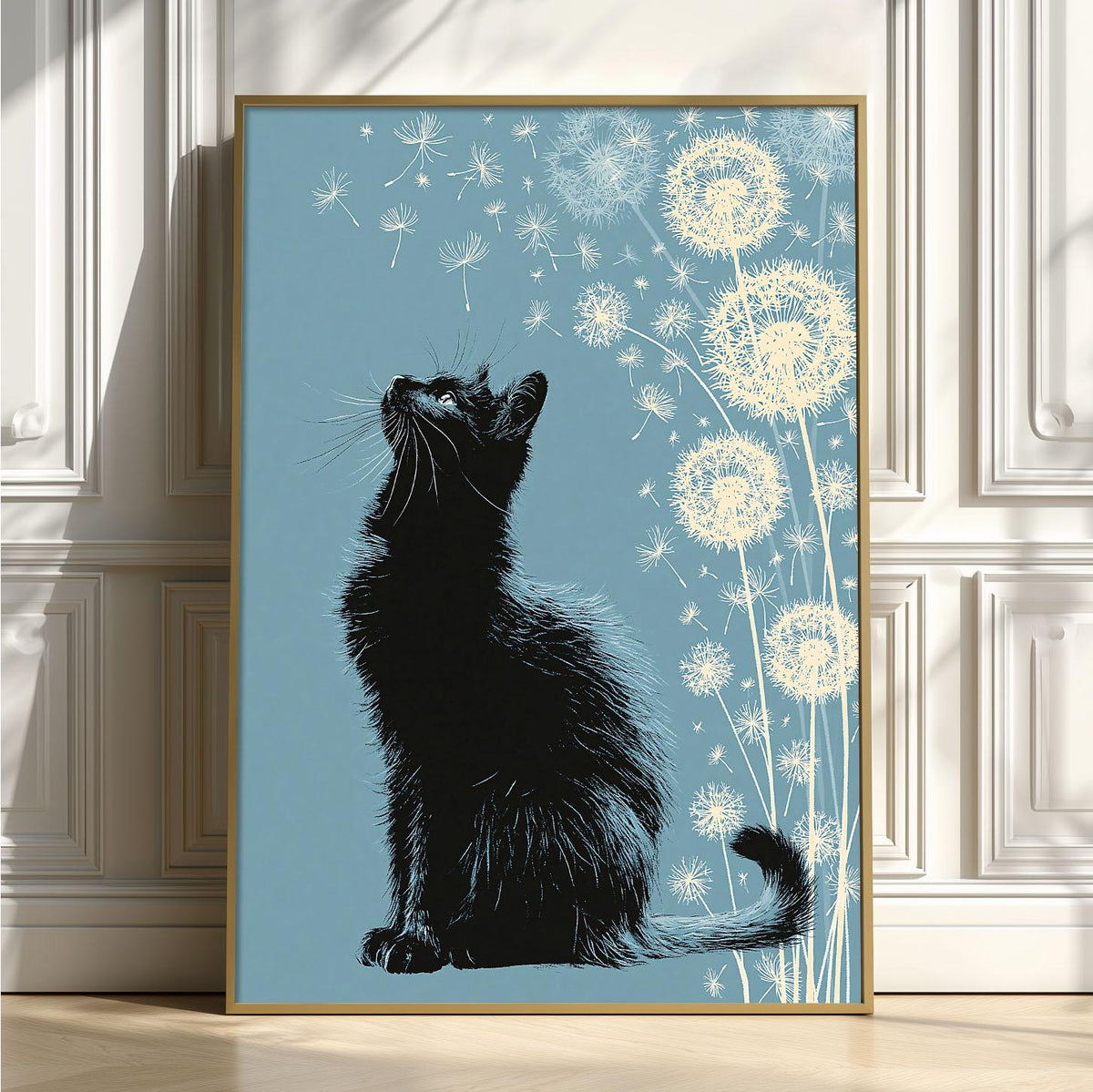 Black Cat Dandelion Print, Whimsical Feline Wall Art, Blue Floral Decor