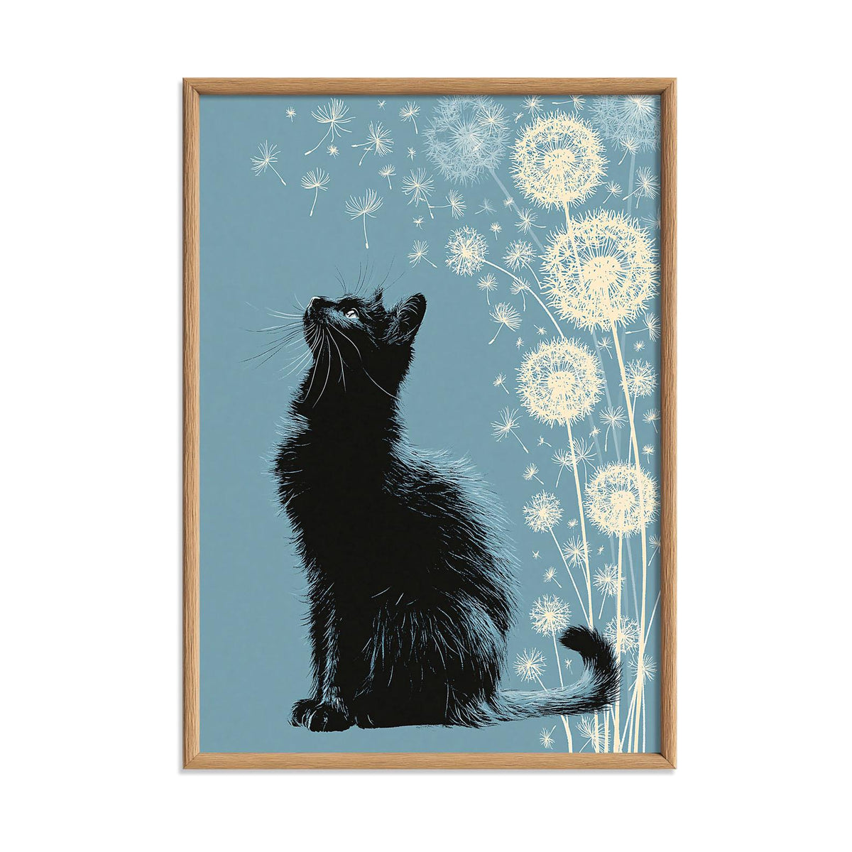 Black Cat Dandelion Print, Whimsical Feline Wall Art, Blue Floral Decor