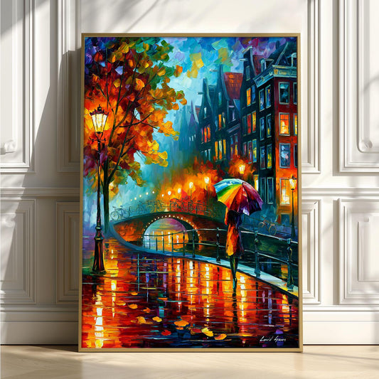 Amsterdam Canal Wall Art, Rainy Street Poster Print, Colourful Umbrella Picture, Travel Room Decor