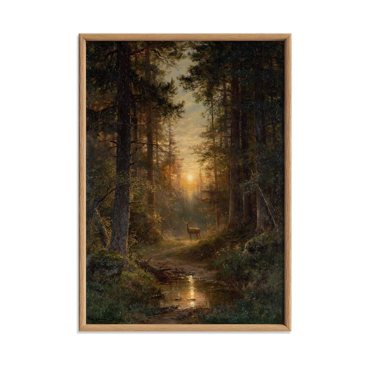 Forest Sunset Wall Art, Deer Woodland Poster Print, Stream Landscape Picture, Rustic Cabin Decor