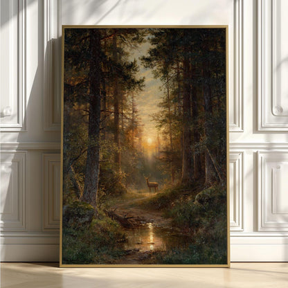 Forest Sunset Wall Art, Deer Woodland Poster Print, Stream Landscape Picture, Rustic Cabin Decor