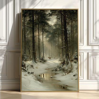 Highland Cow Winter Forest Art, Snowy Woodland Landscape Print, Rustic Cabin Decor