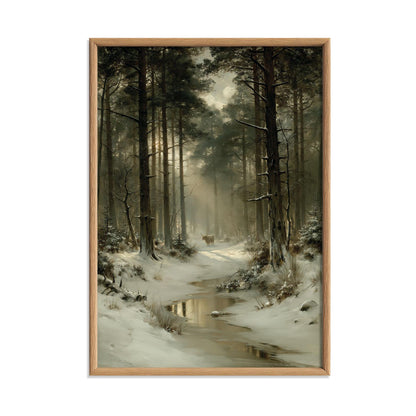 Highland Cow Winter Forest Art, Snowy Woodland Landscape Print, Rustic Cabin Decor
