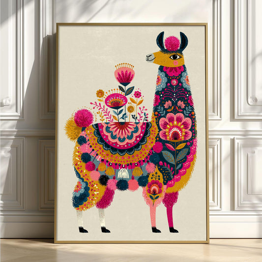 Boho Llama Nursery Art, Colorful Floral Alpaca Print, Kids Room Decor